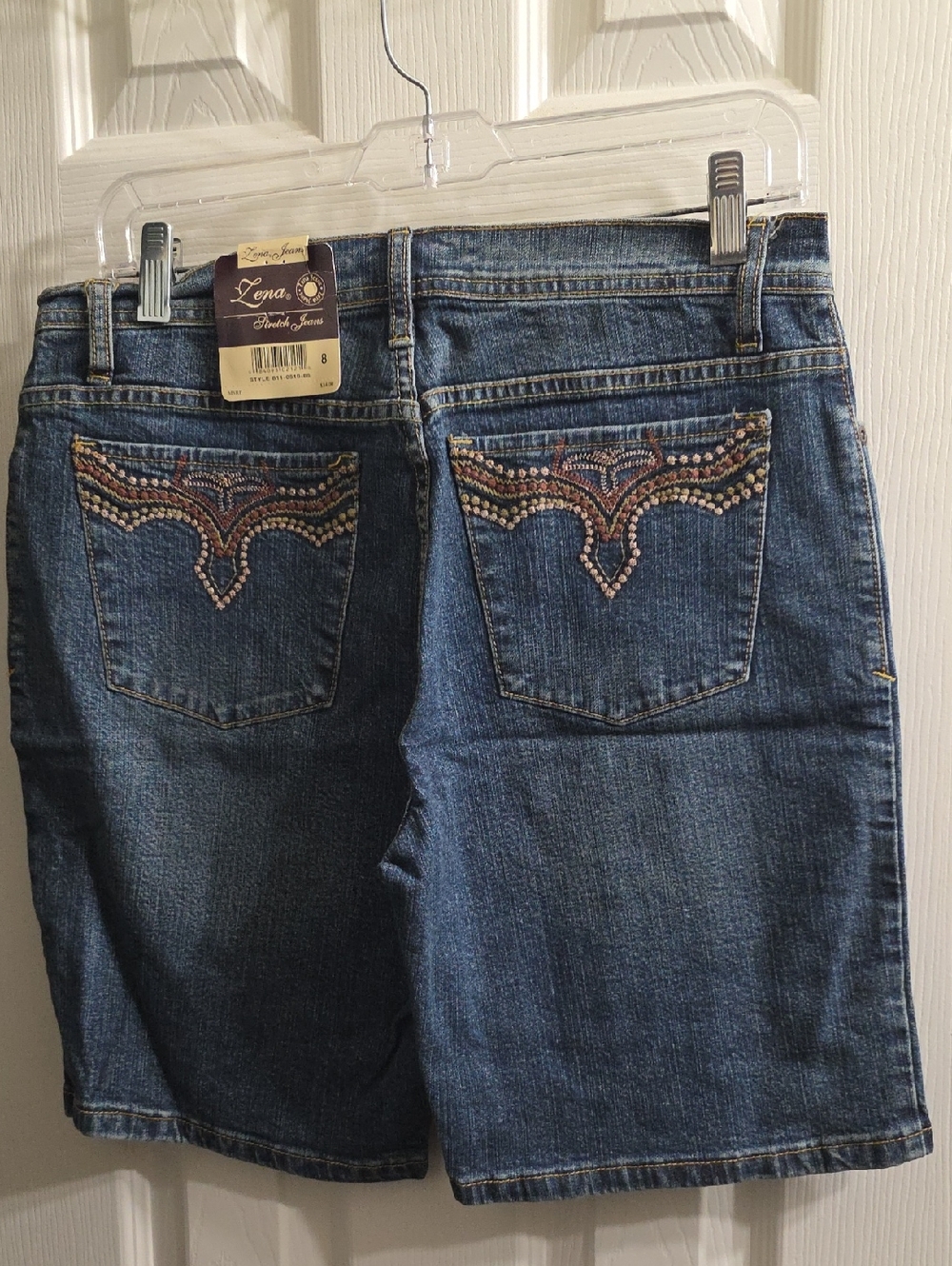 Lena Blue Denim Shorts with Multicolor Embroidered Pocket Detail Size 8